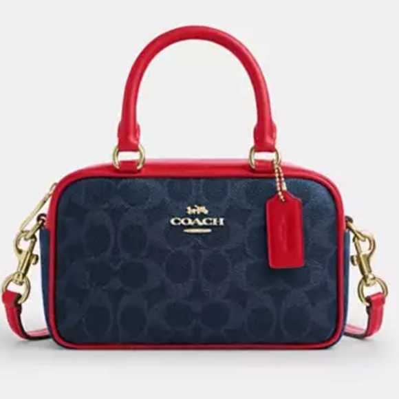 ❤️ Coach NWT Navy Blue & Red mini Satchel Crossbody Bag In Signature Canvas - Picture 1 of 9